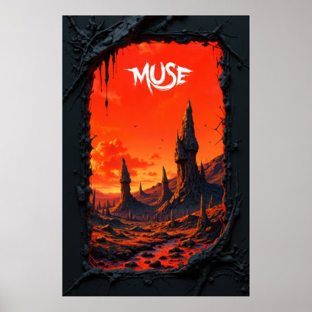 Fantasy-Landschaft mit feurigem Himmel und aufrage Poster (Vorne)
