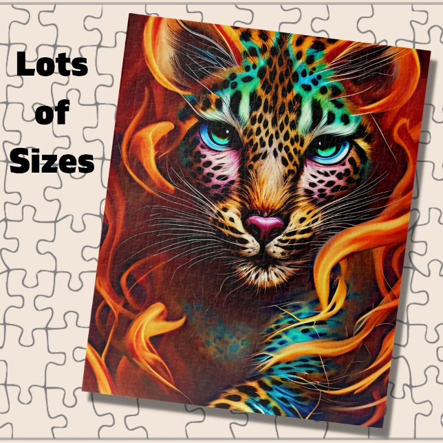 Fantasy Leopard Gesicht, Aqua Pink Orange Puzzle (Von Creator hochgeladen)