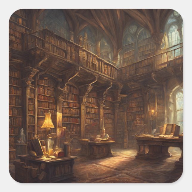 Fantasy Library Quadratischer Aufkleber (Vorderseite)