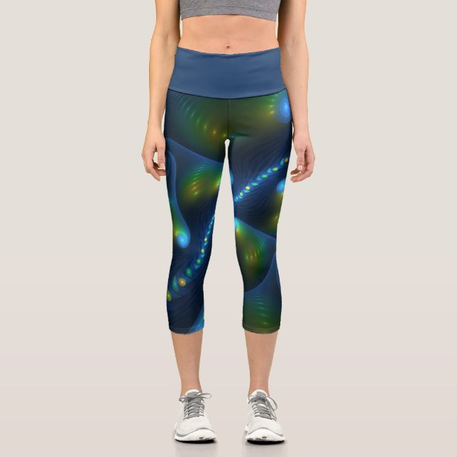 Fantasy Lights Abstrakt Blue Green Yellow Fraktal Capri Leggings (Vorderseite)