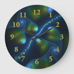 Fantasy Lights Abstrakt Blue Green Yellow Fraktal Große Wanduhr