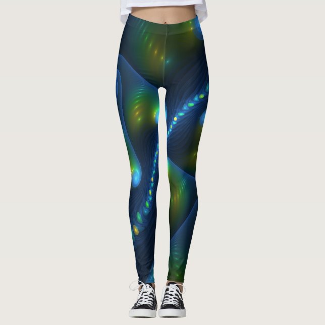 Fantasy Lights Abstrakt Blue Green Yellow Fraktal Leggings (Vorderseite)