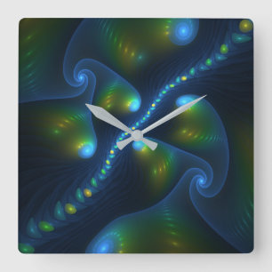 Fantasy Lights Abstrakt Blue Green Yellow Fraktal Quadratische Wanduhr