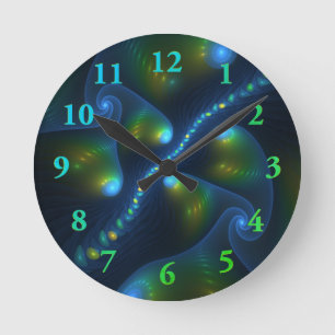 Fantasy Lights Abstrakt Blue Green Yellow Fraktal Runde Wanduhr