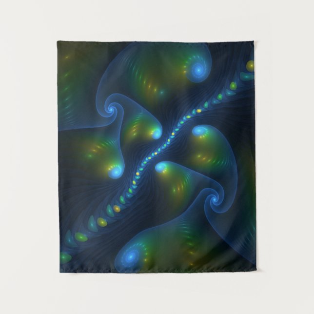 Fantasy Lights Abstrakt Blue Green Yellow Fraktal Wandteppich (Vorderseite)