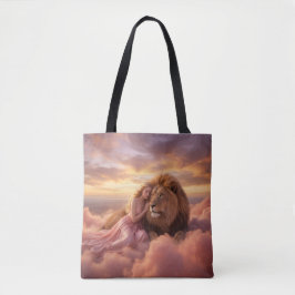 Fantasy-Löwe und Frau in Wolken