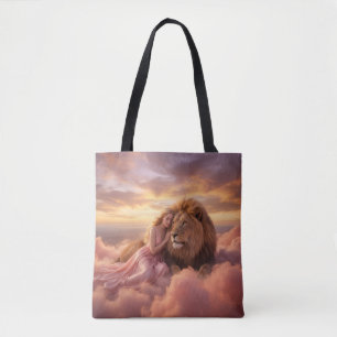 Fantasy-Löwe und Frau in Wolken