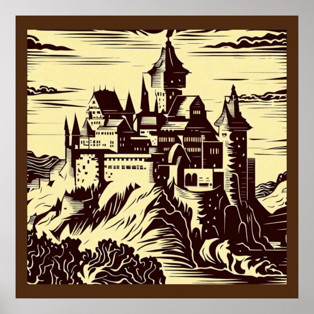 Fantasy Mittelalterliche Burg - Holzschnitt 2 Poster (Vorne)