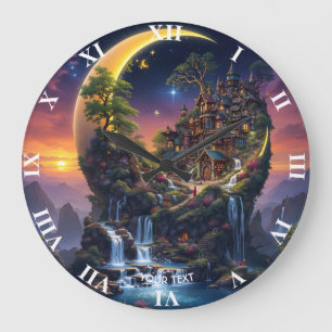 Fantasy Moon Waterfall Forest Große Wanduhr