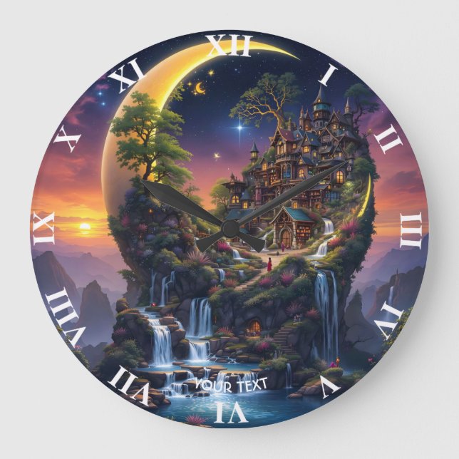 Fantasy Moon Waterfall Forest Große Wanduhr (Vorderseite)