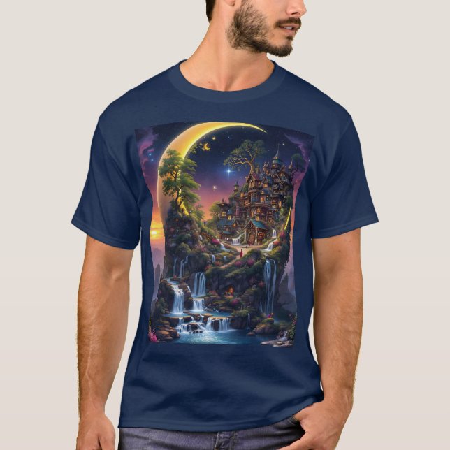 Fantasy Moon Waterfall Forest T-Shirt (Vorderseite)