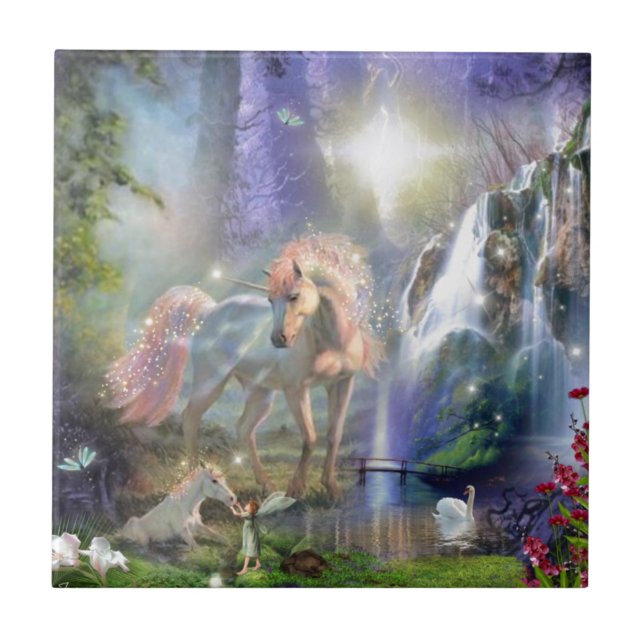 Fantasy Mother Unicorn and Baby in a Faige Garden Fliese (Vorderseite)