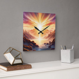 Fantasy Mountain Valley Lake Quadratische Wanduhr