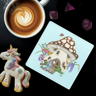 Fantasy Mouse Mushroom House Floral Glasuntersetzer