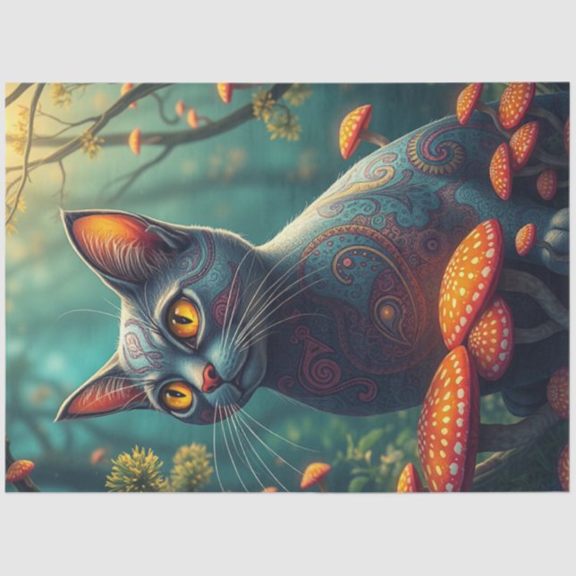 Fantasy Mushroom Forest Blue Cat Seidenpapier (Vorderseite)