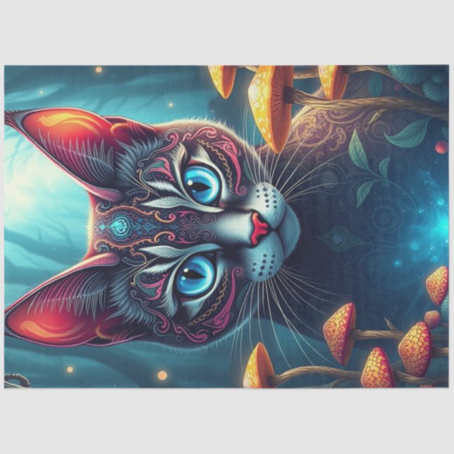 Fantasy Mushroom Forest Blue eyed Cat  Tissue Pape Seidenpapier (Vorderseite)