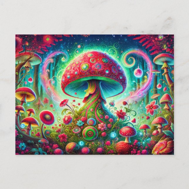 Fantasy Mushroom Forest Bright Psychedelic Colors Postkarte (Vorderseite)