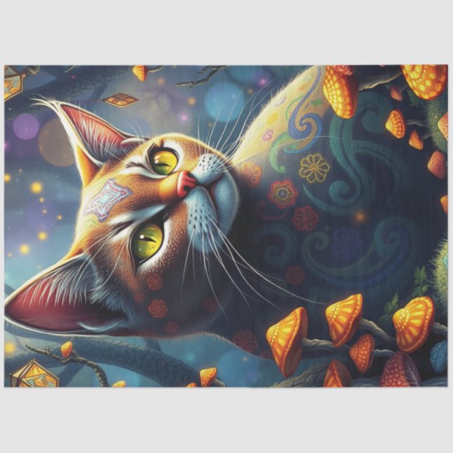 Fantasy Mushroom Forest farbenfrohe Katze Seidenpapier (Vorderseite)