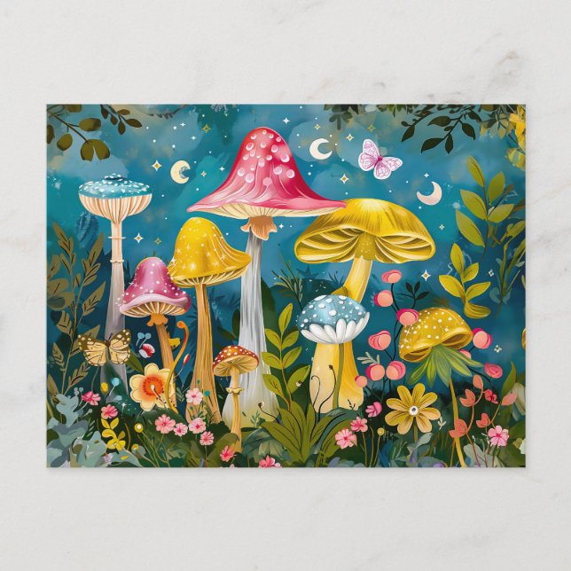 Fantasy Mushrooms in einem Wald von Mondschein Postkarte (Vorderseite)