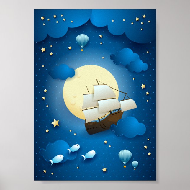 Fantasy-Nacht mit fliegendem Luftschiff Poster (Vorne)