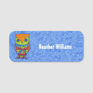 Fantasy Neon Colored Owl Star Shaped Eyes on Blue Namensschild