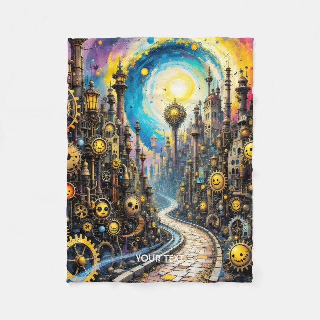 Fantasy Niedlich Abstrakt Steampunk City Fleecedecke (Vorderseite)