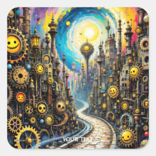 Fantasy Niedlich Abstrakt Steampunk City Quadratischer Aufkleber