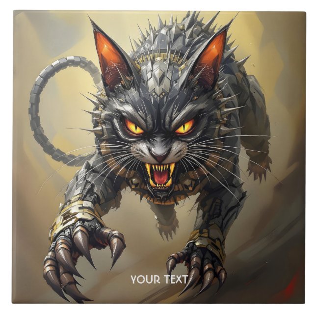 Fantasy Niedlich Angry Cyborg Cat Fliese (Vorderseite)