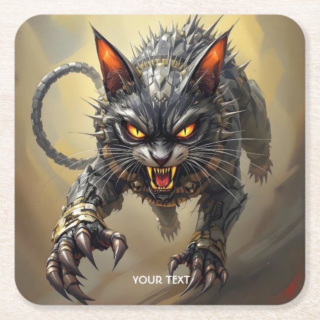 Fantasy Niedlich Angry Cyborg Cat Rechteckiger Pappuntersetzer (Vorderseite)