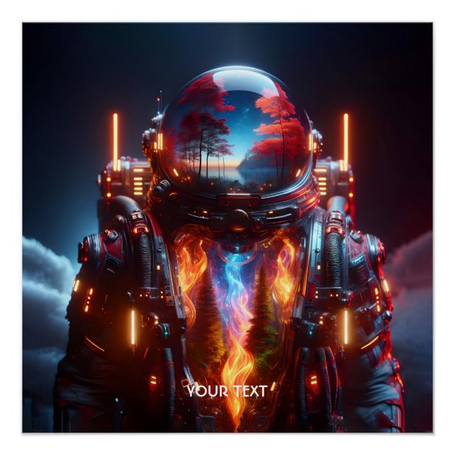 Fantasy Niedlich Astronaut Landschaftsfeuer Poster (Vorderseite)
