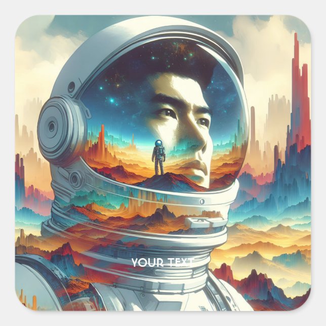 Fantasy Niedlich Astronaut Space Planet. Quadratischer Aufkleber (Vorderseite)