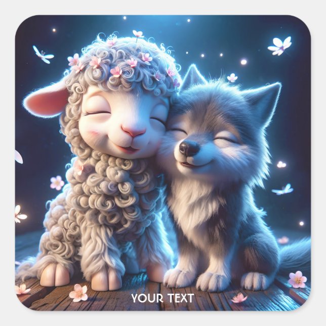Fantasy Niedlich Babies Sheep Wolf Quadratischer Aufkleber (Vorderseite)
