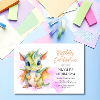 Fantasy Niedlich Baby Dragon Fairytale 1. Geburtst Einladung