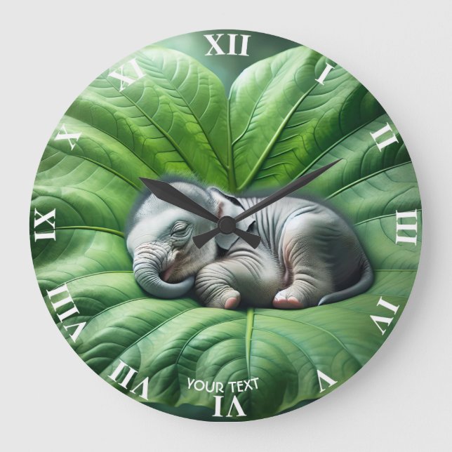 Fantasy Niedlich Baby Elephant Leaf Große Wanduhr (Vorderseite)