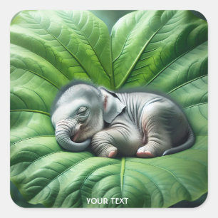 Fantasy Niedlich Baby Elephant Leaf Quadratischer Aufkleber