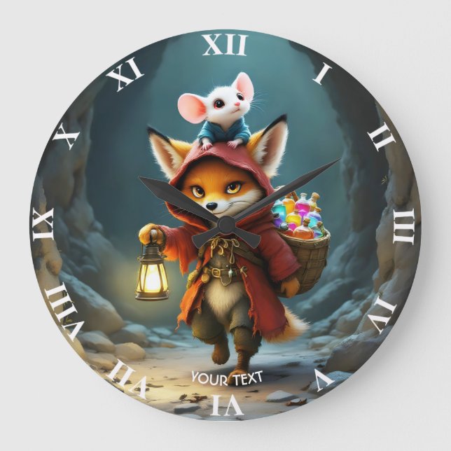 Fantasy Niedlich Baby Fox Mouse Große Wanduhr (Vorderseite)