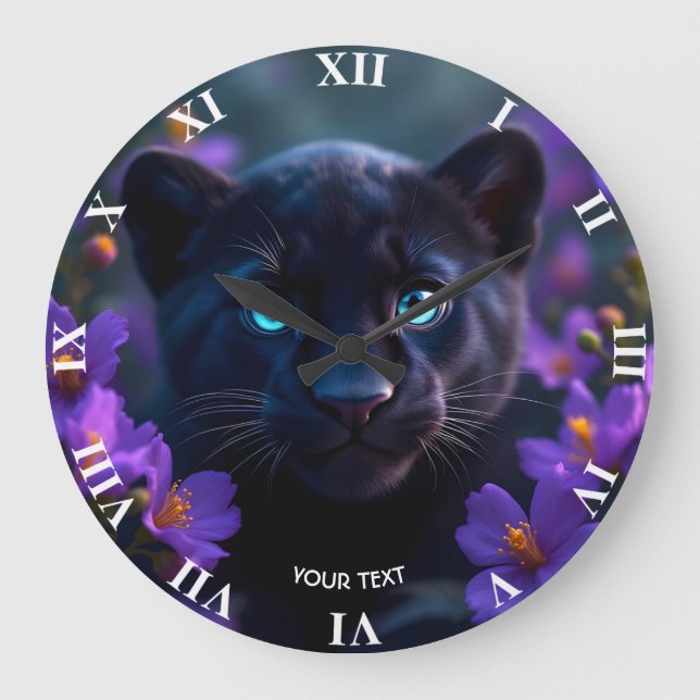 Fantasy Niedlich Baby Panther Blume Große Wanduhr (Vorderseite)