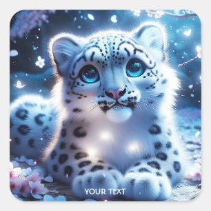 Fantasy Niedlich Baby Snow Leopard Quadratischer Aufkleber