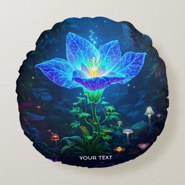 Fantasy Niedlich Biolumineszenz Blaue Blume Rundes Kissen (Vorderseite)