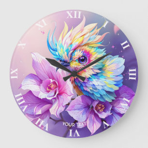 Fantasy Niedlich Bird Pink Orchid Große Wanduhr