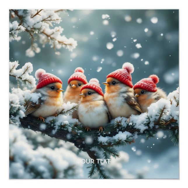 Fantasy Niedlich Birds Hat Snow Poster (Vorderseite)