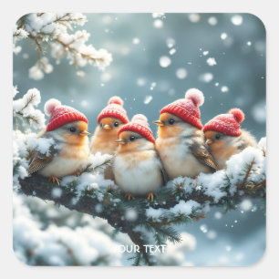 Fantasy Niedlich Birds Hat Snow Quadratischer Aufkleber