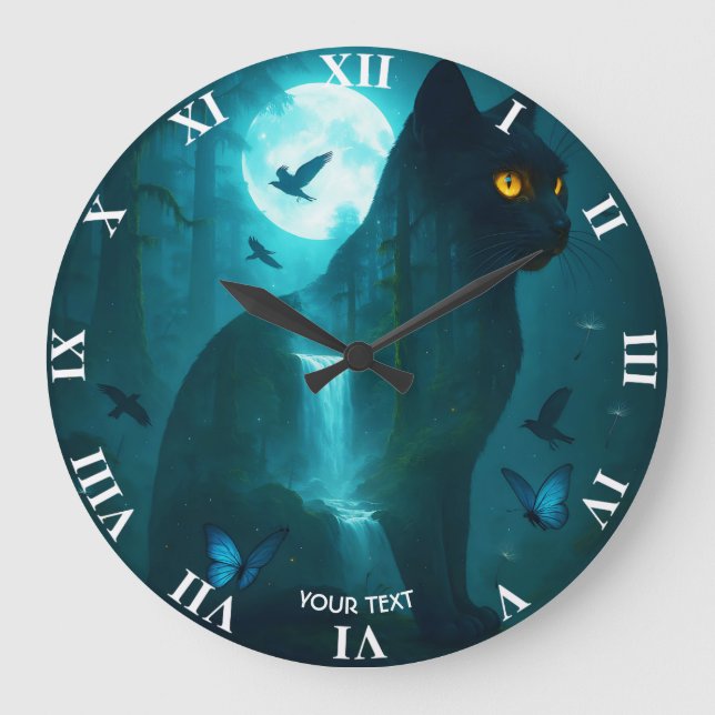 Fantasy Niedlich Black Surreal Cat Große Wanduhr (Vorderseite)