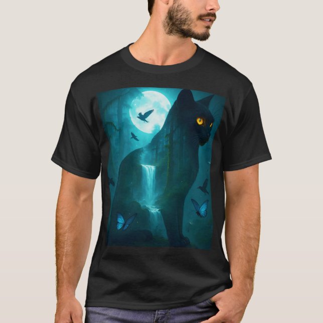Fantasy Niedlich Black Surreal Cat T-Shirt (Vorderseite)