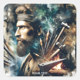 Fantasy Niedlich Blacksmith und Instrumente Quadratischer Aufkleber
