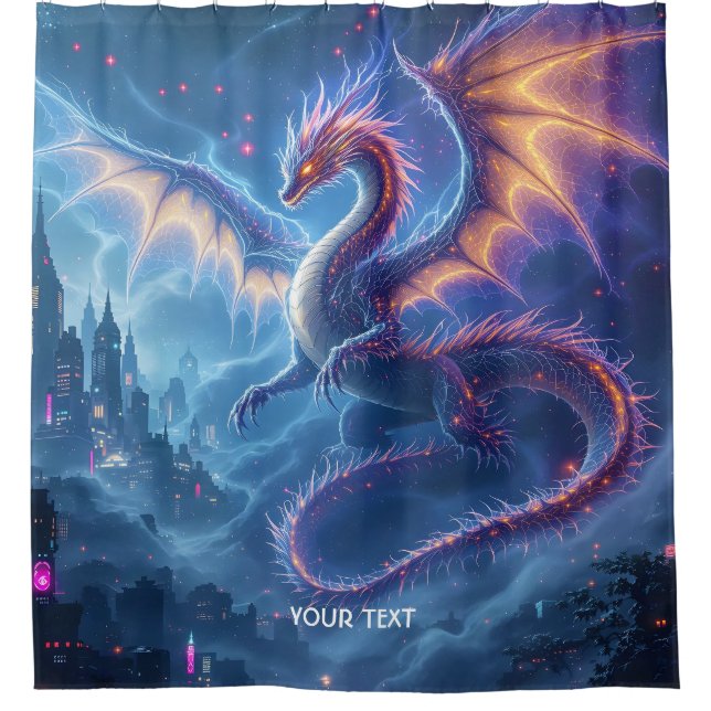 Fantasy Niedlich Blue Dragon City Duschvorhang (Vorderseite)