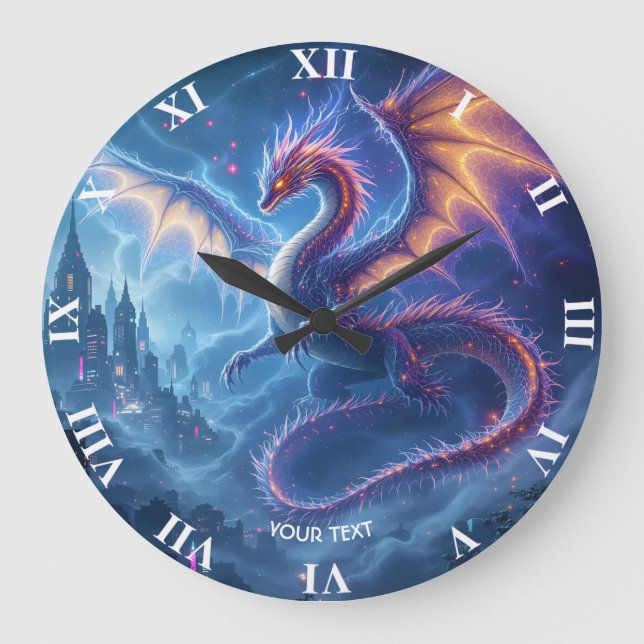 Fantasy Niedlich Blue Dragon City Große Wanduhr (Vorderseite)