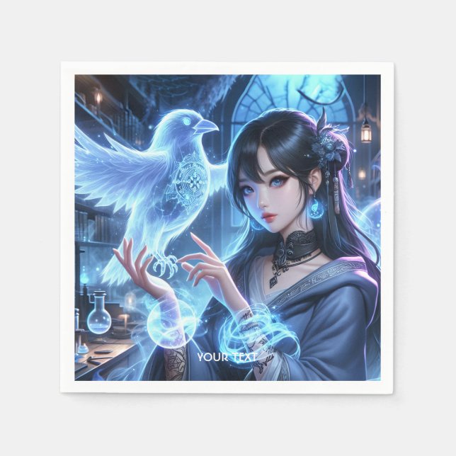 Fantasy Niedlich Blue Girl Raven Serviette (Vorderseite)
