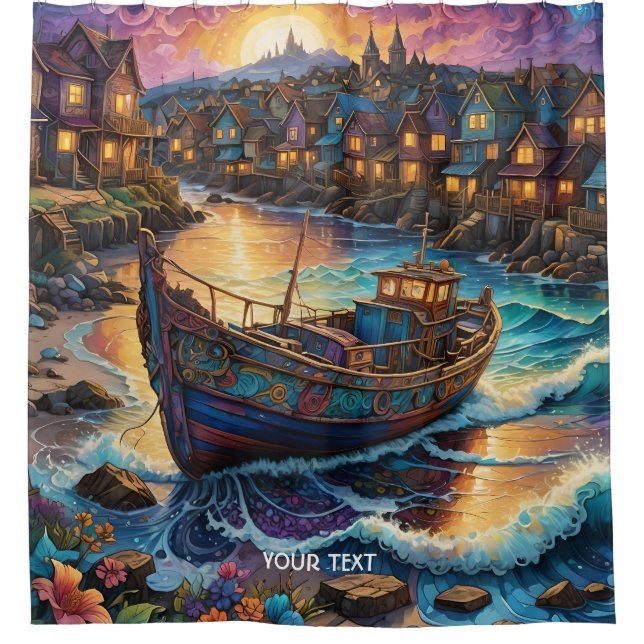 Fantasy Niedlich Boat Village Sunset Duschvorhang (Vorderseite)