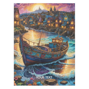Fantasy Niedlich Boat Village Sunset Tischdecke